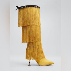 MANOLO BLAHNIK FLEQUILLOHI Yellow Satin Fringe Detail Knee High Boots 105mm